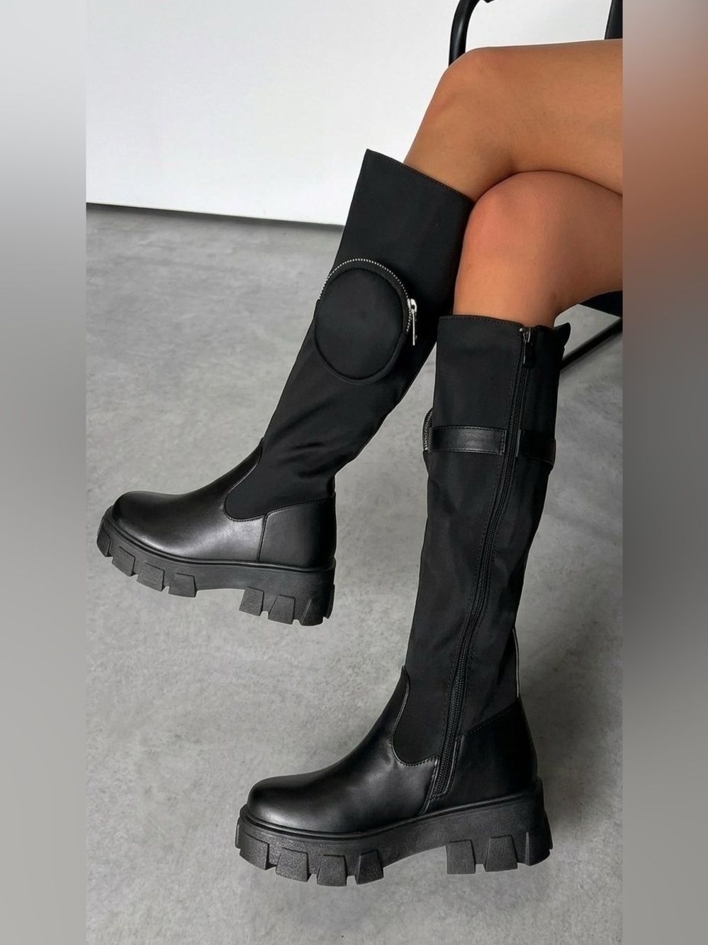 Black womens 10 stretchy tall black combat style platform boot w removable pouch